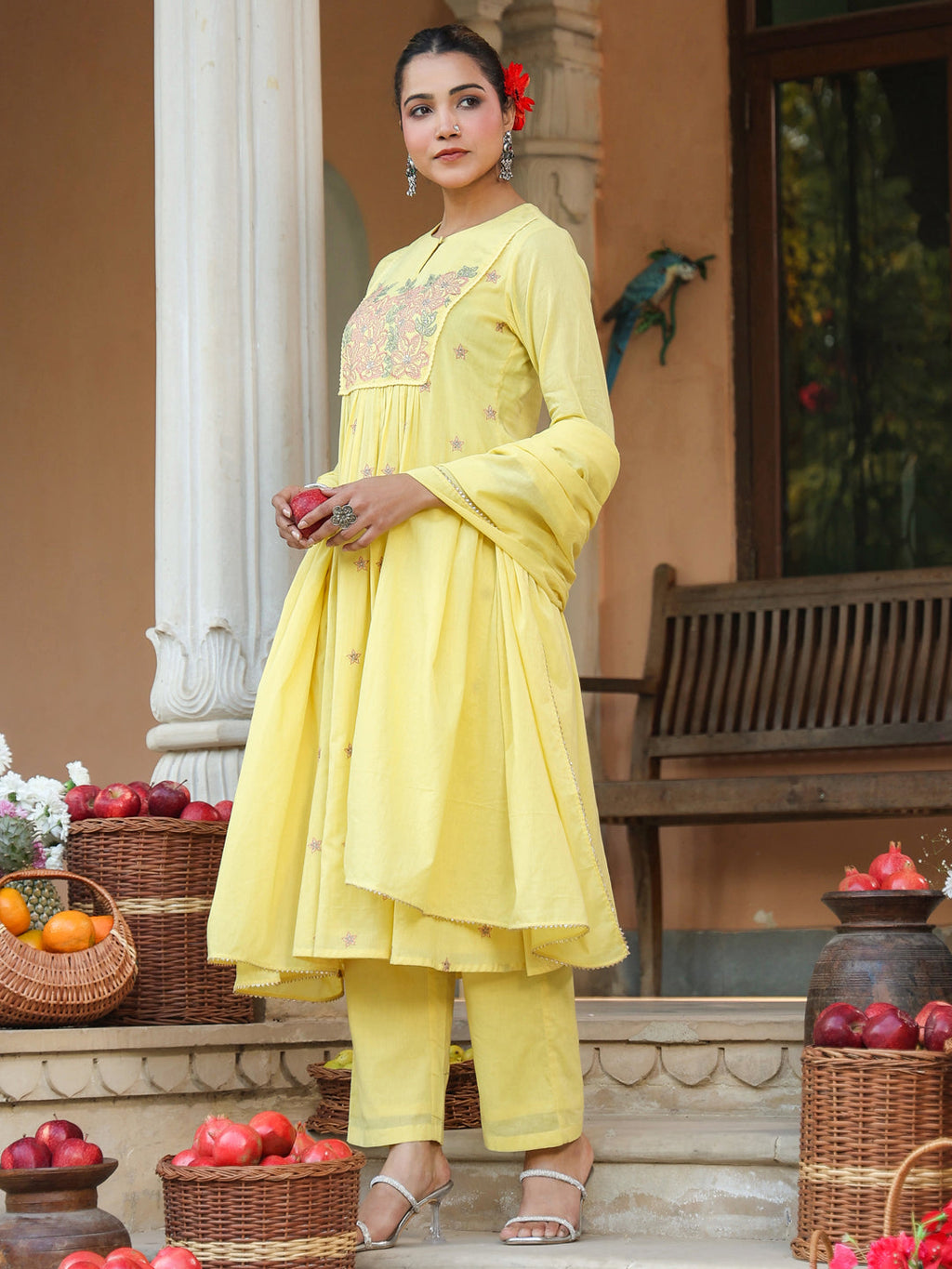 Janasya Women's Yellow Pure Cotton Embroidered A-line Kurta Set