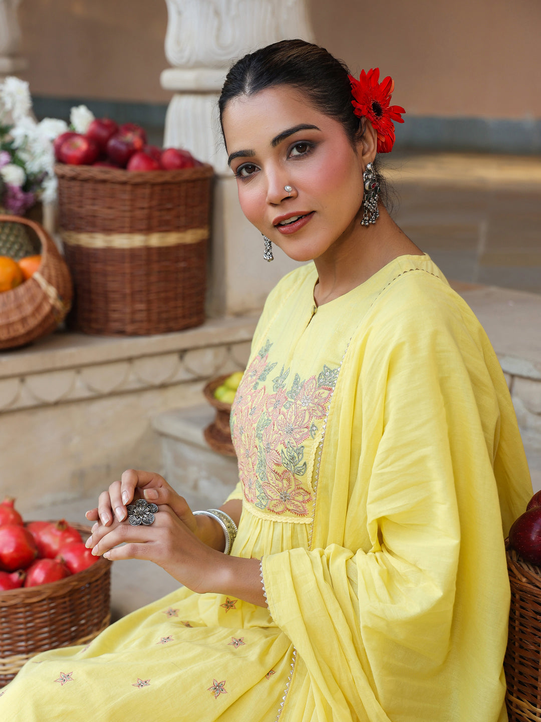Janasya Women's Yellow Pure Cotton Embroidered A-line Kurta Set