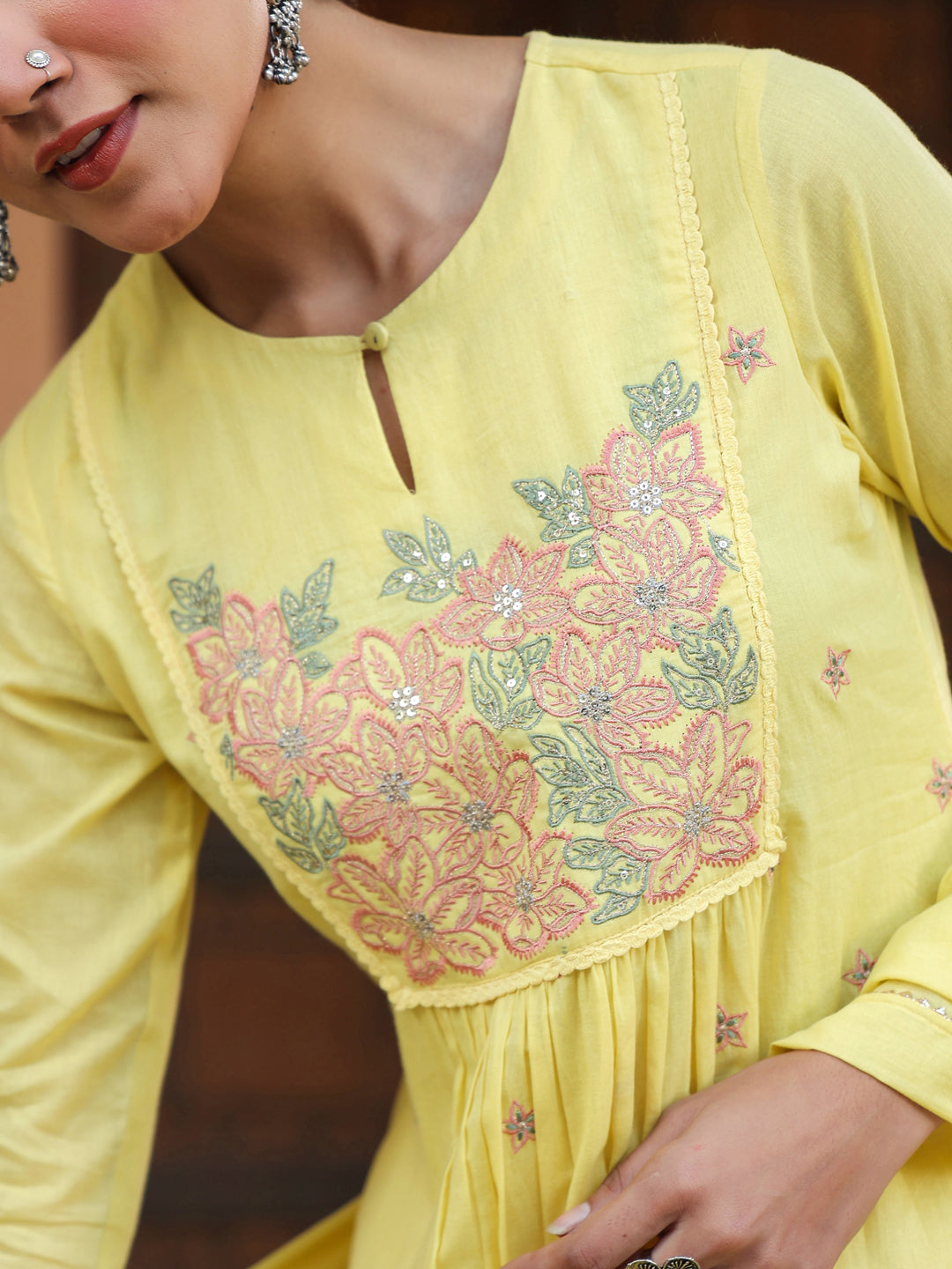 Janasya Women's Yellow Pure Cotton Embroidered A-line Kurta Set
