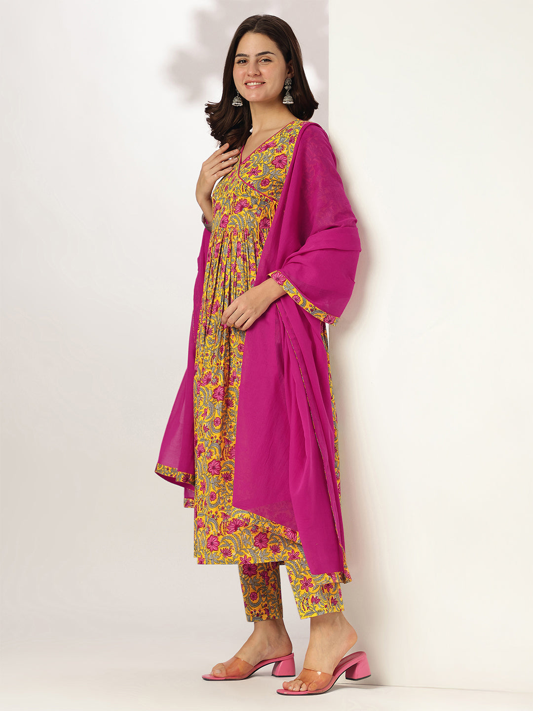 Janasya Women's Yellow Pure Cotton Floral Printed Angrakha Kurta Set