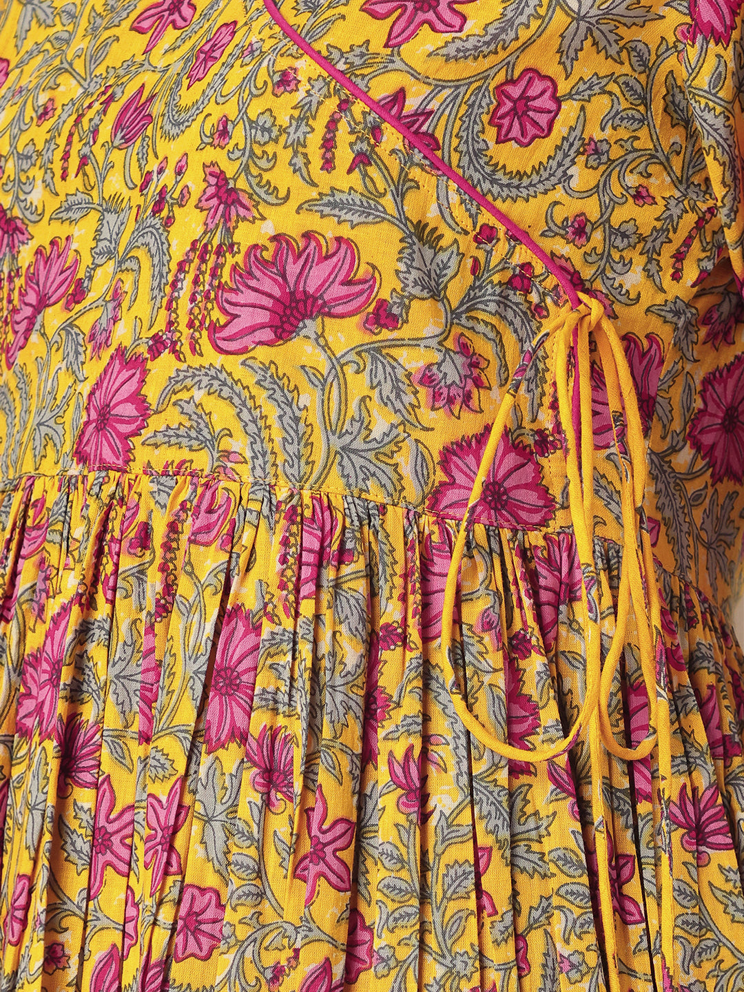 Janasya Women's Yellow Pure Cotton Floral Printed Angrakha Kurta Set