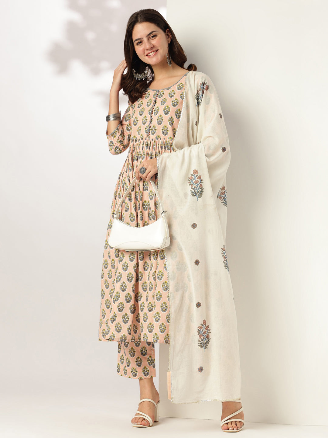 Janasya Women's Peach Pure Cotton Floral Printed A-line Kurta Set