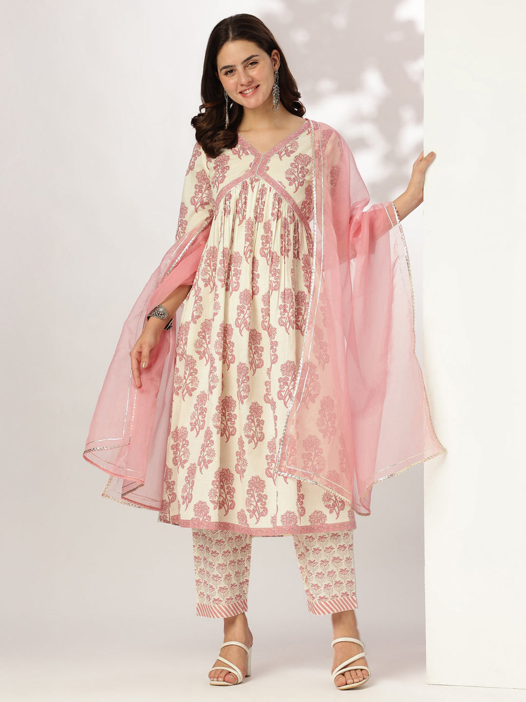 Cream & Pink Pure Cotton Floral Printed A-line Kurta Set
