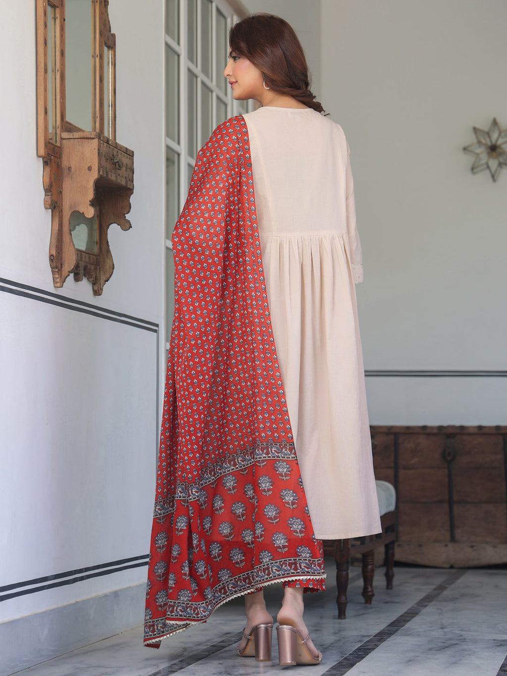 Beige Pure Cotton Floral Printed A-line Kurta Set