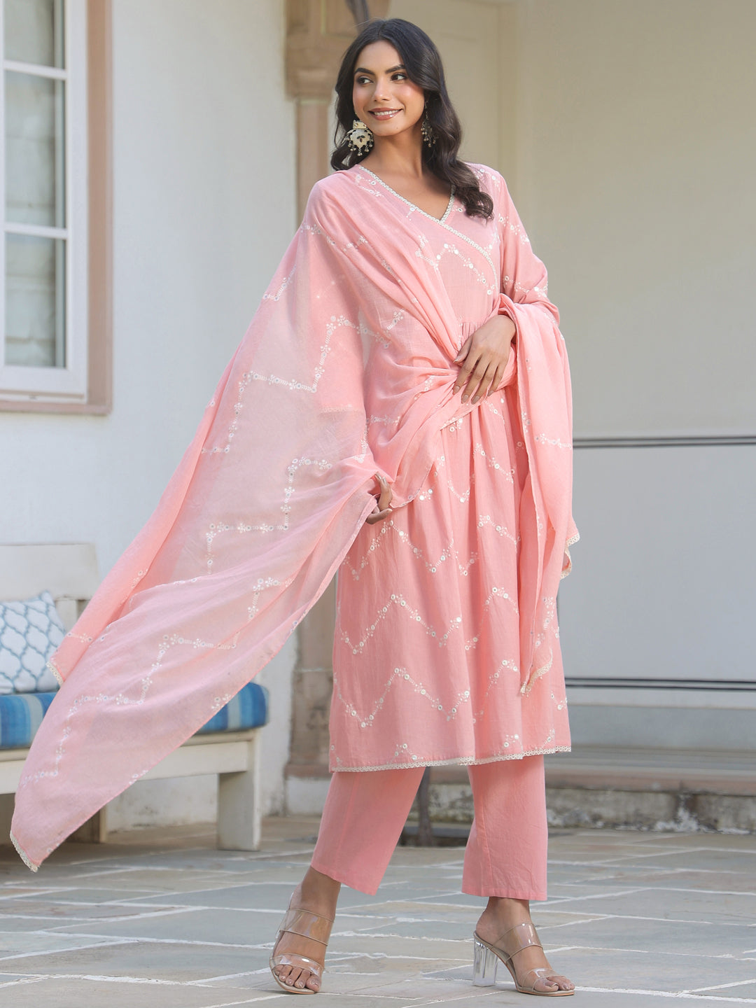 Janasya Women's Peach Pure Cotton Embroidered A-line Kurta Set
