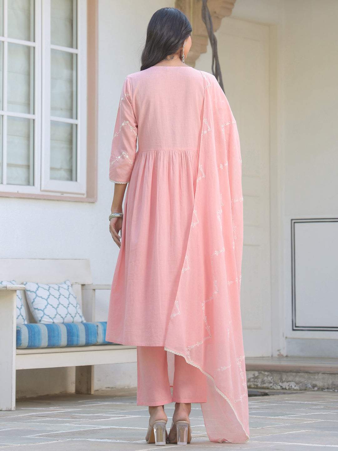 Janasya Women's Peach Pure Cotton Embroidered A-line Kurta Set