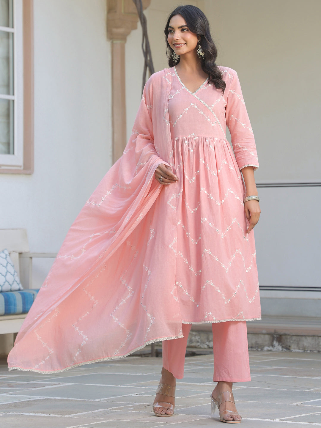 Janasya Women's Peach Pure Cotton Embroidered A-line Kurta Set