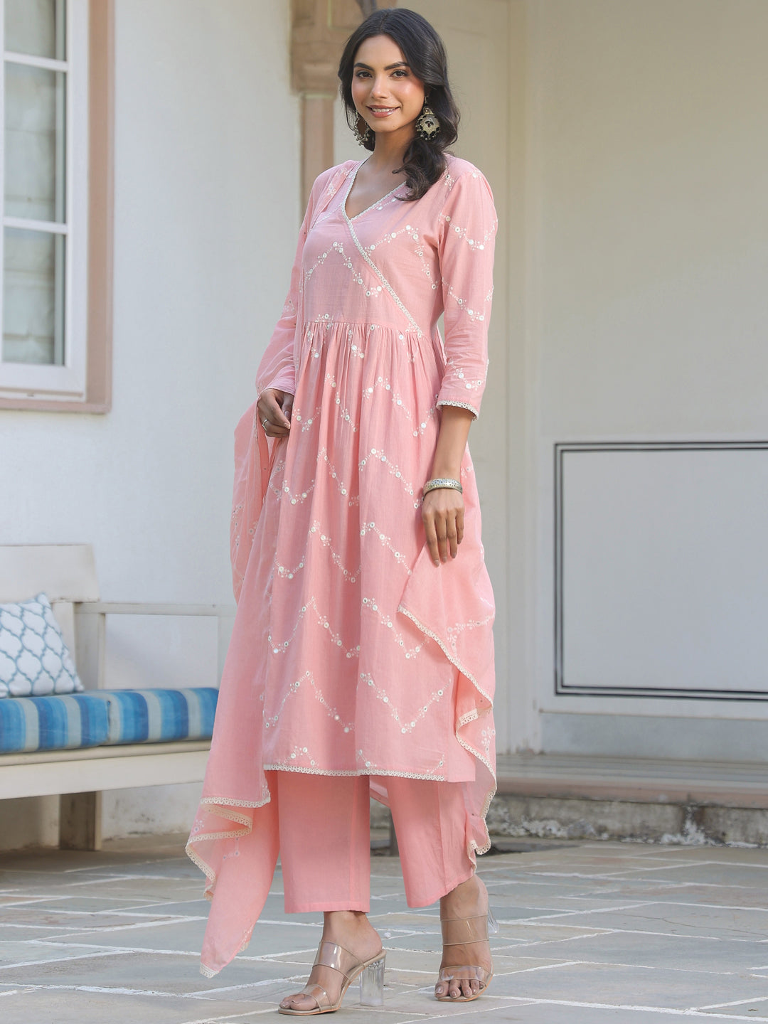 Janasya Women's Peach Pure Cotton Embroidered A-line Kurta Set