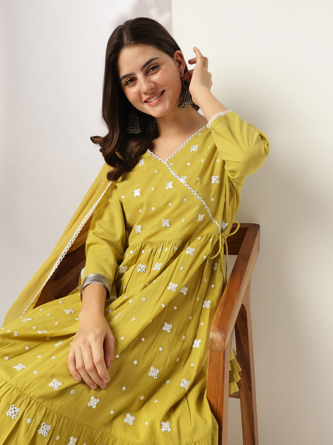 Yellow Pure Cotton Embroidered Angrakha Kurta Set