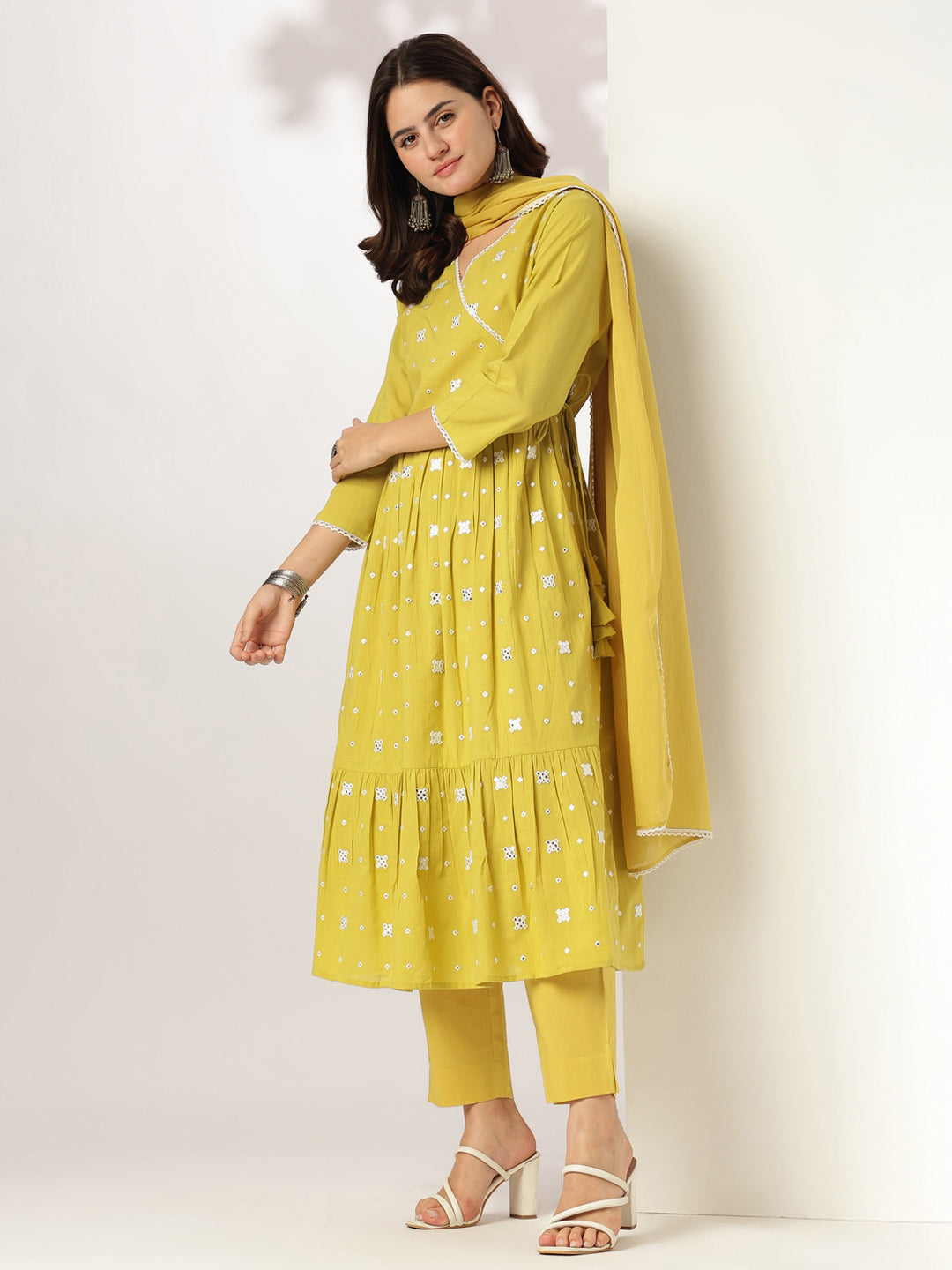 Yellow Pure Cotton Embroidered Angrakha Kurta Set