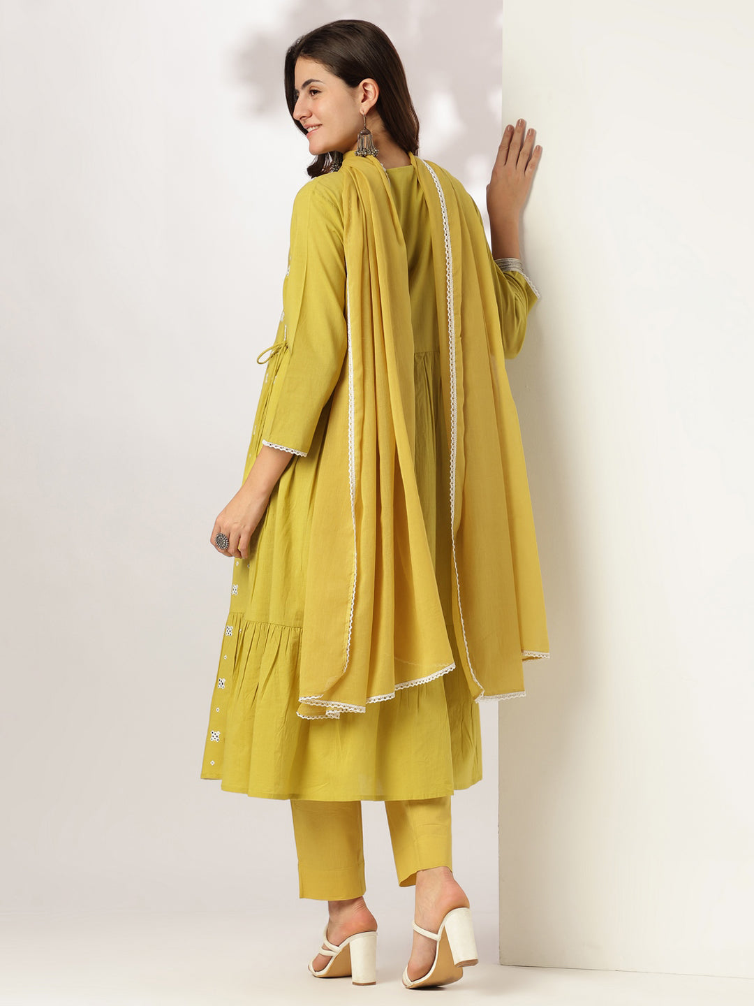 Yellow Pure Cotton Embroidered Angrakha Kurta Set