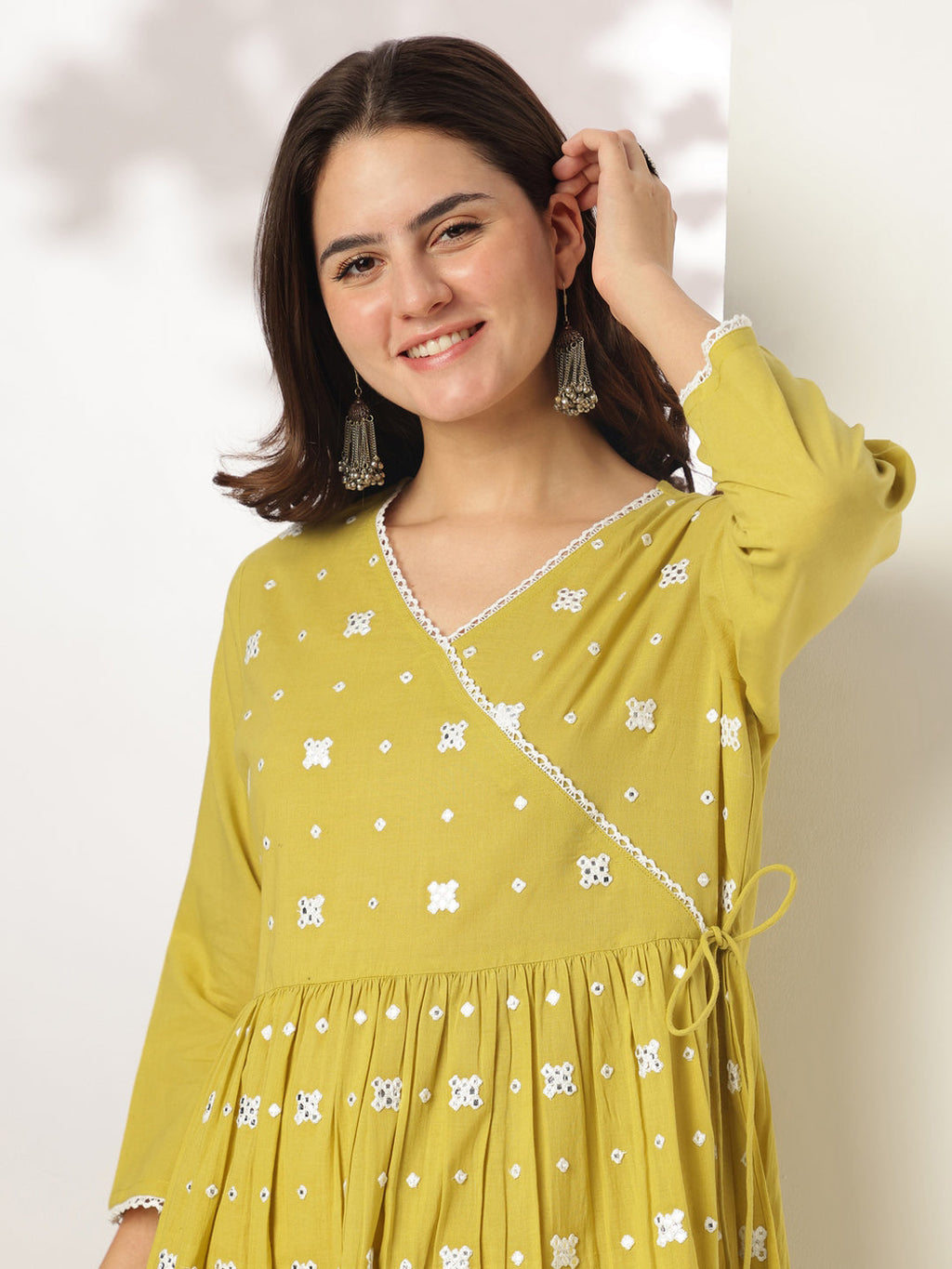 Yellow Pure Cotton Embroidered Angrakha Kurta Set