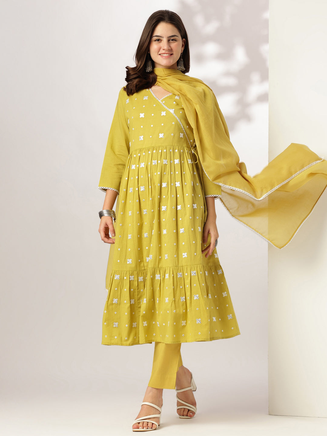 Yellow Pure Cotton Embroidered Angrakha Kurta Set