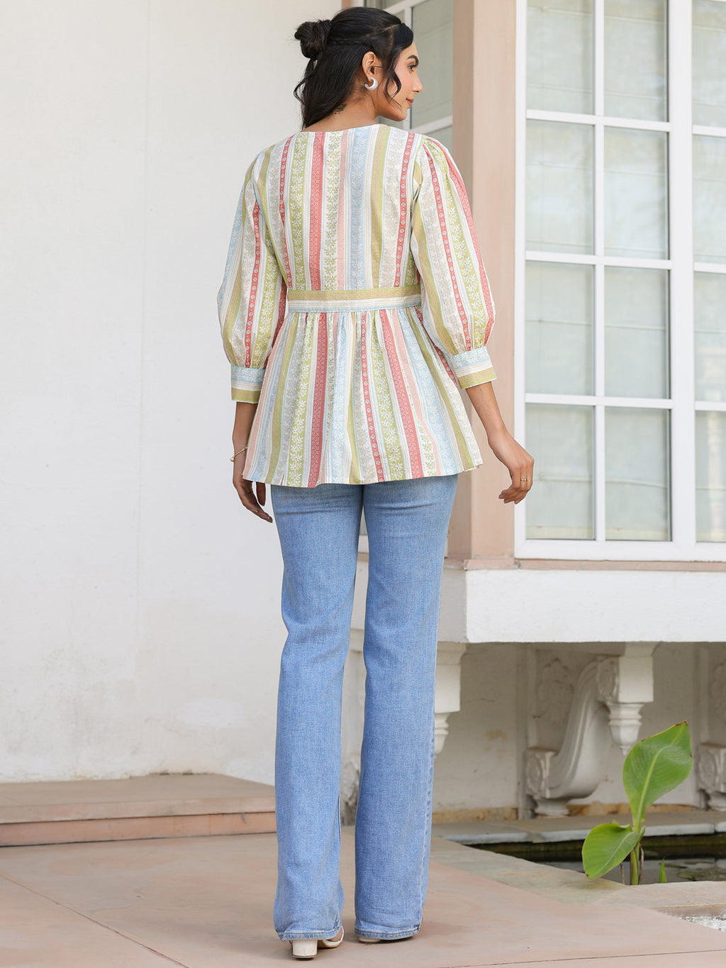 Off White Pure Cotton Floral Printed Peplum Top