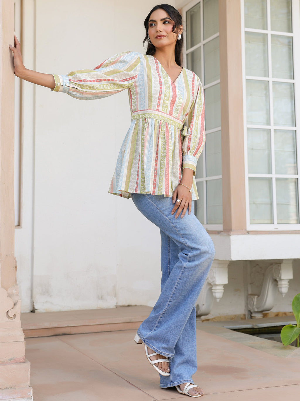 Off White Pure Cotton Floral Printed Peplum Top