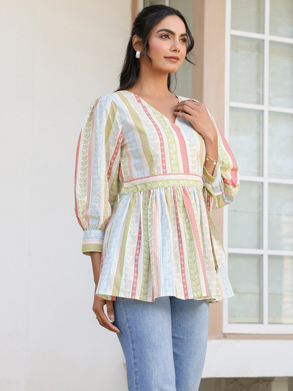 Off White Pure Cotton Floral Printed Peplum Top