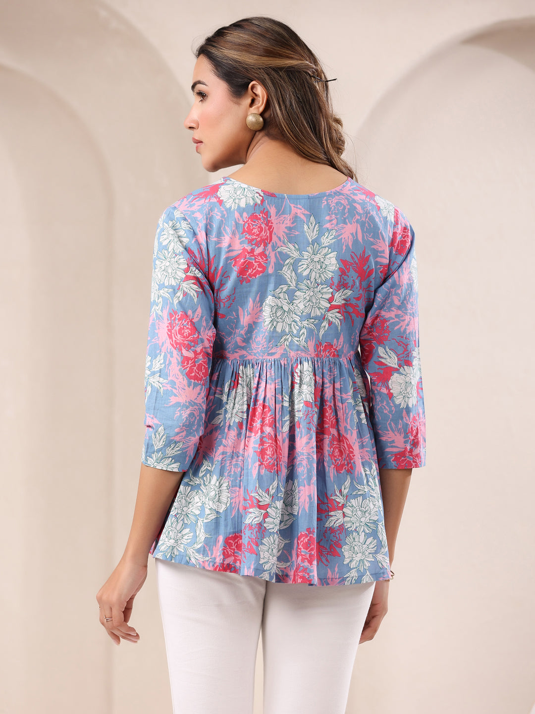 Janasya Women's Blue Pure Cotton Floral Printed A-line Top