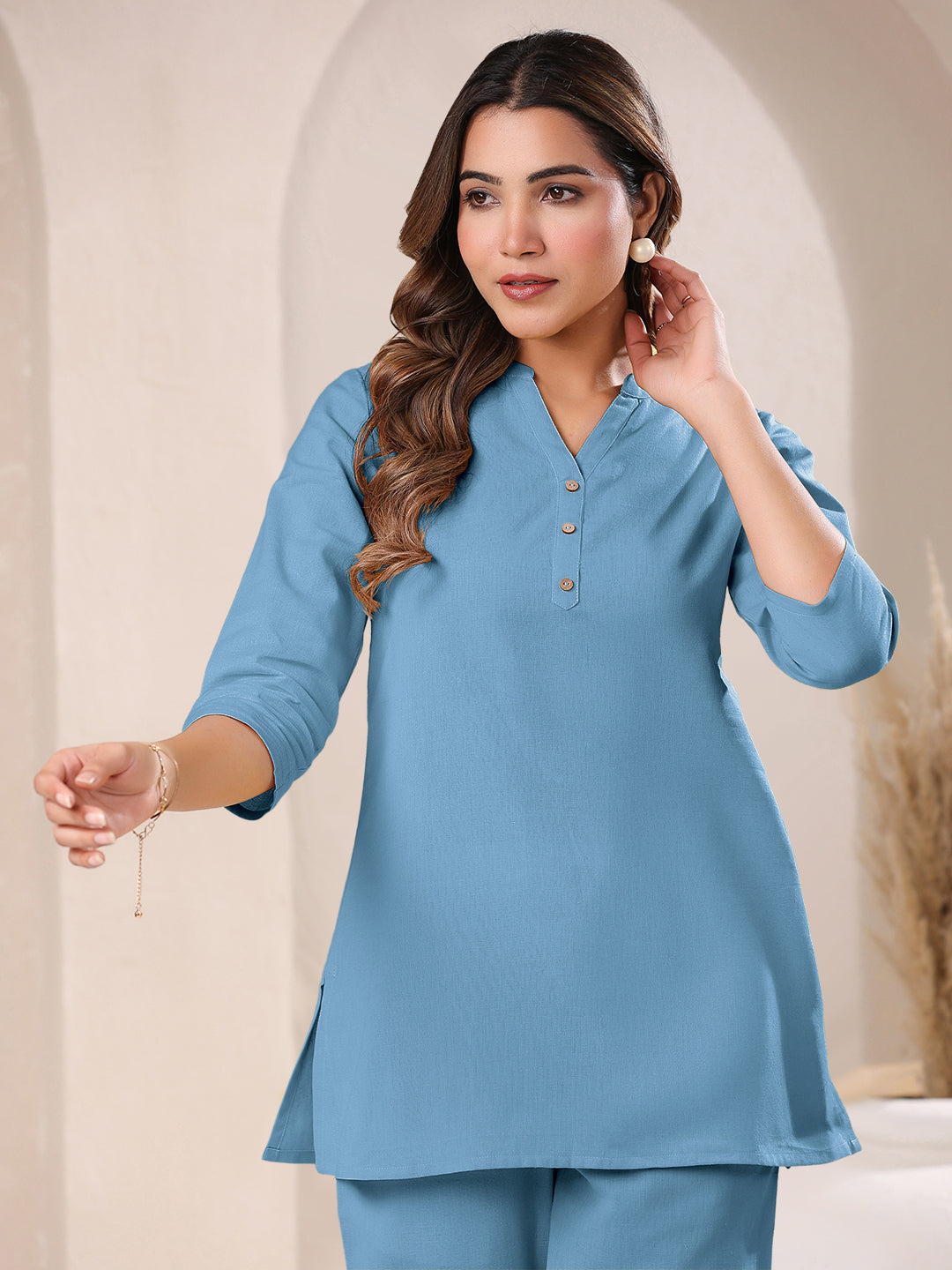 Light Blue Cotton Solid A-line Top