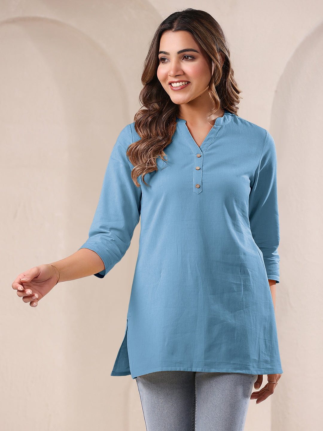 Light Blue Cotton Solid A-line Top