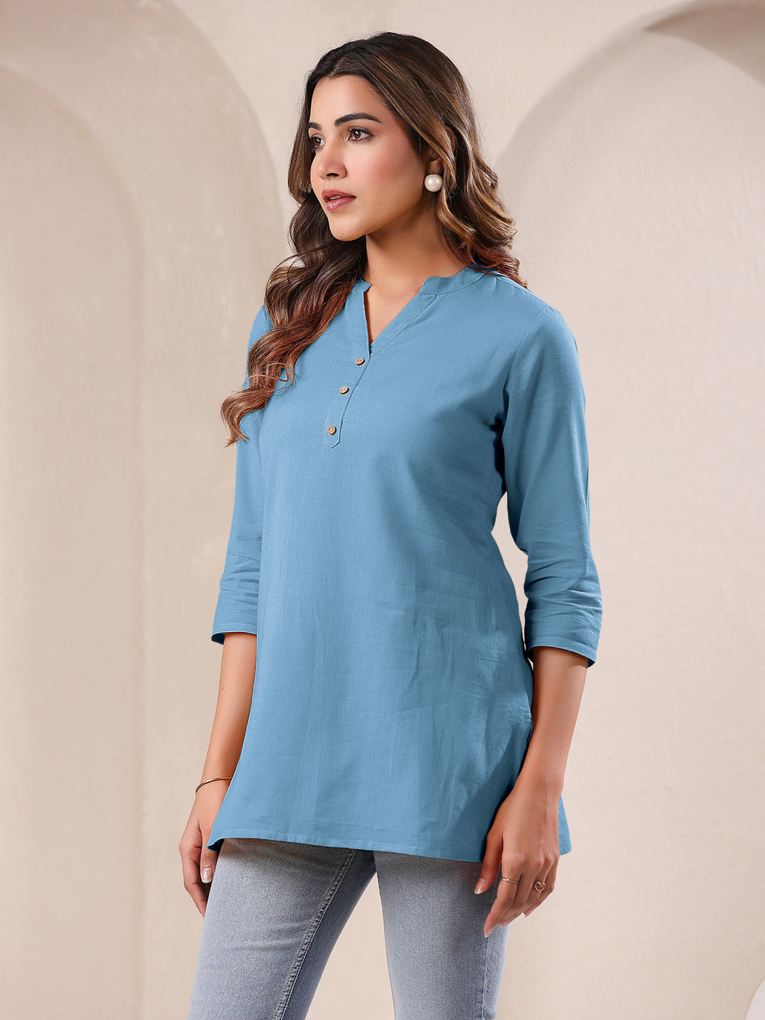 Light Blue Cotton Solid A-line Top