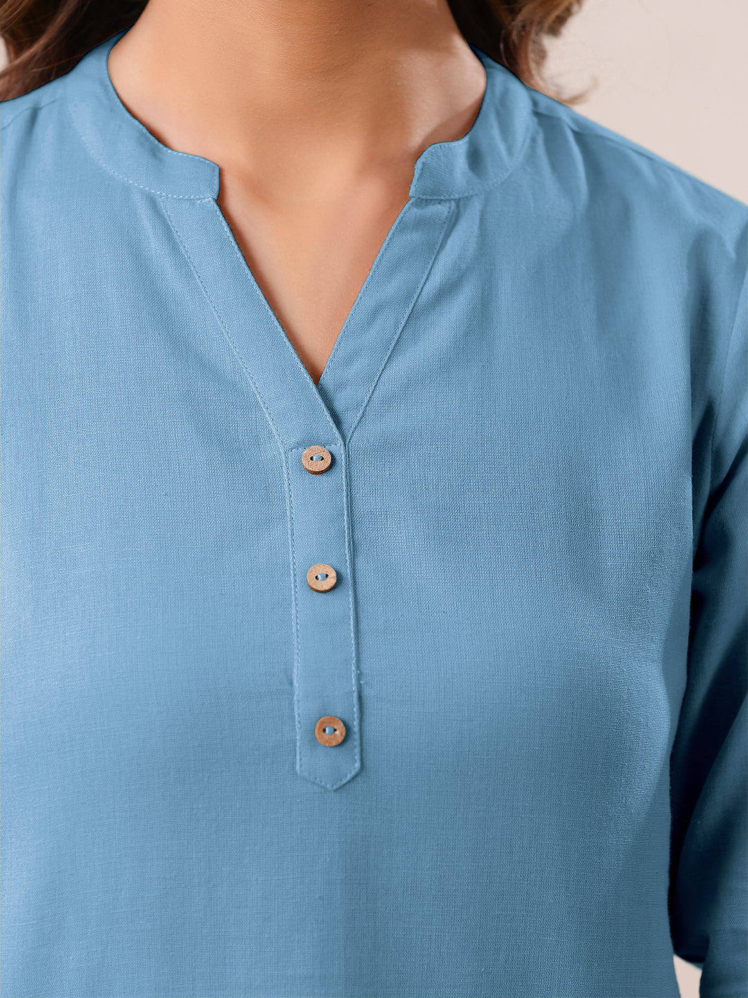 Light Blue Cotton Solid A-line Top
