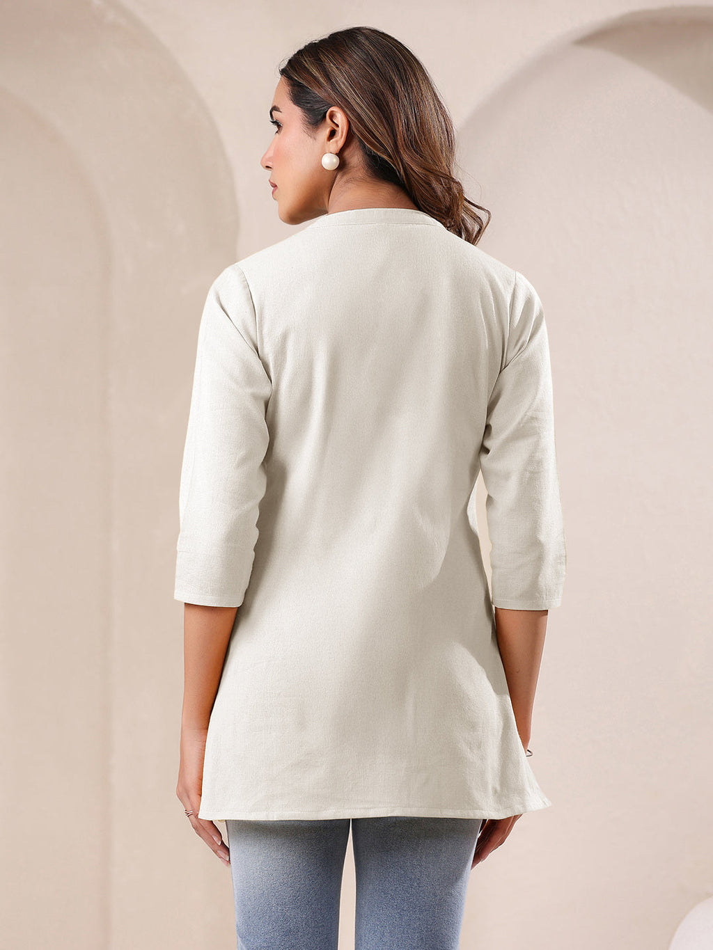 Janasya Women's Off White Linen Cotton Solid A line Top