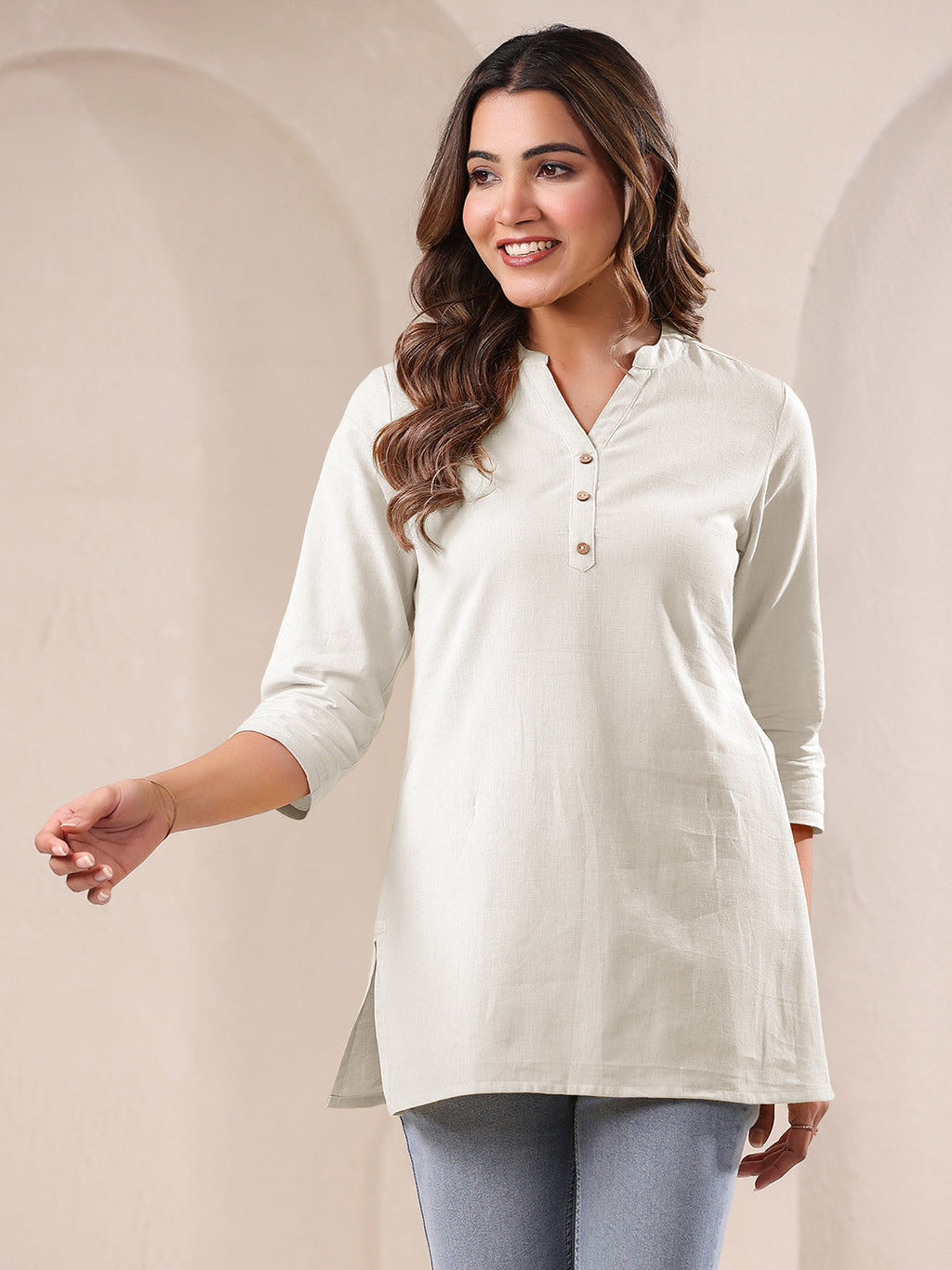 Janasya Women's Off White Linen Cotton Solid A line Top