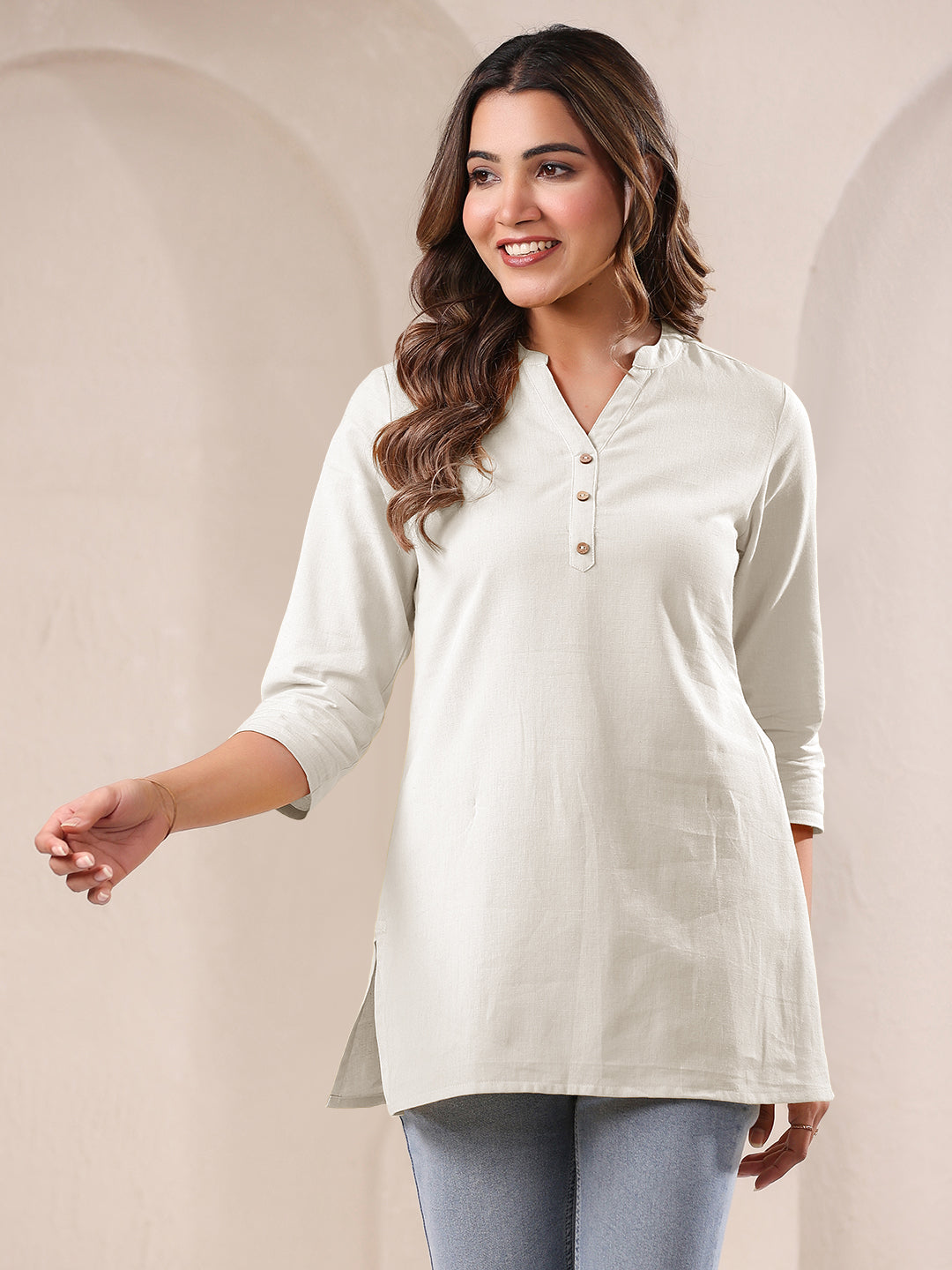 Janasya Women's Off White Linen Cotton Solid A line Top