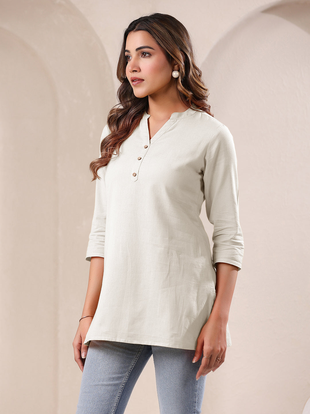 Janasya Women's Off White Linen Cotton Solid A line Top