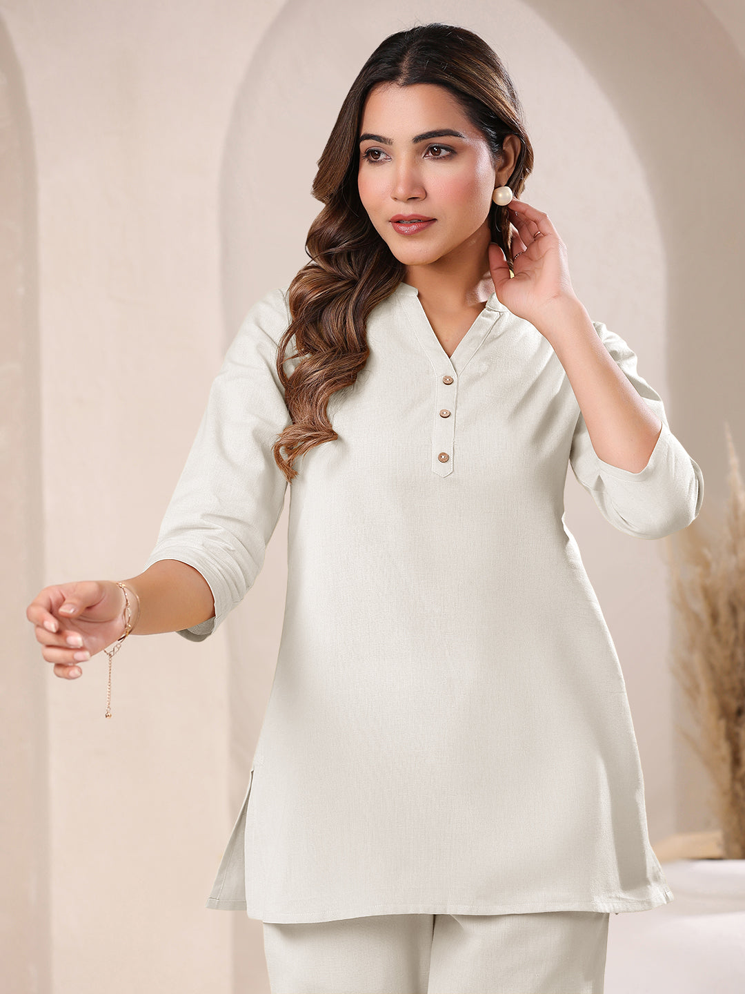 Janasya Women's Off White Linen Cotton Solid A line Top