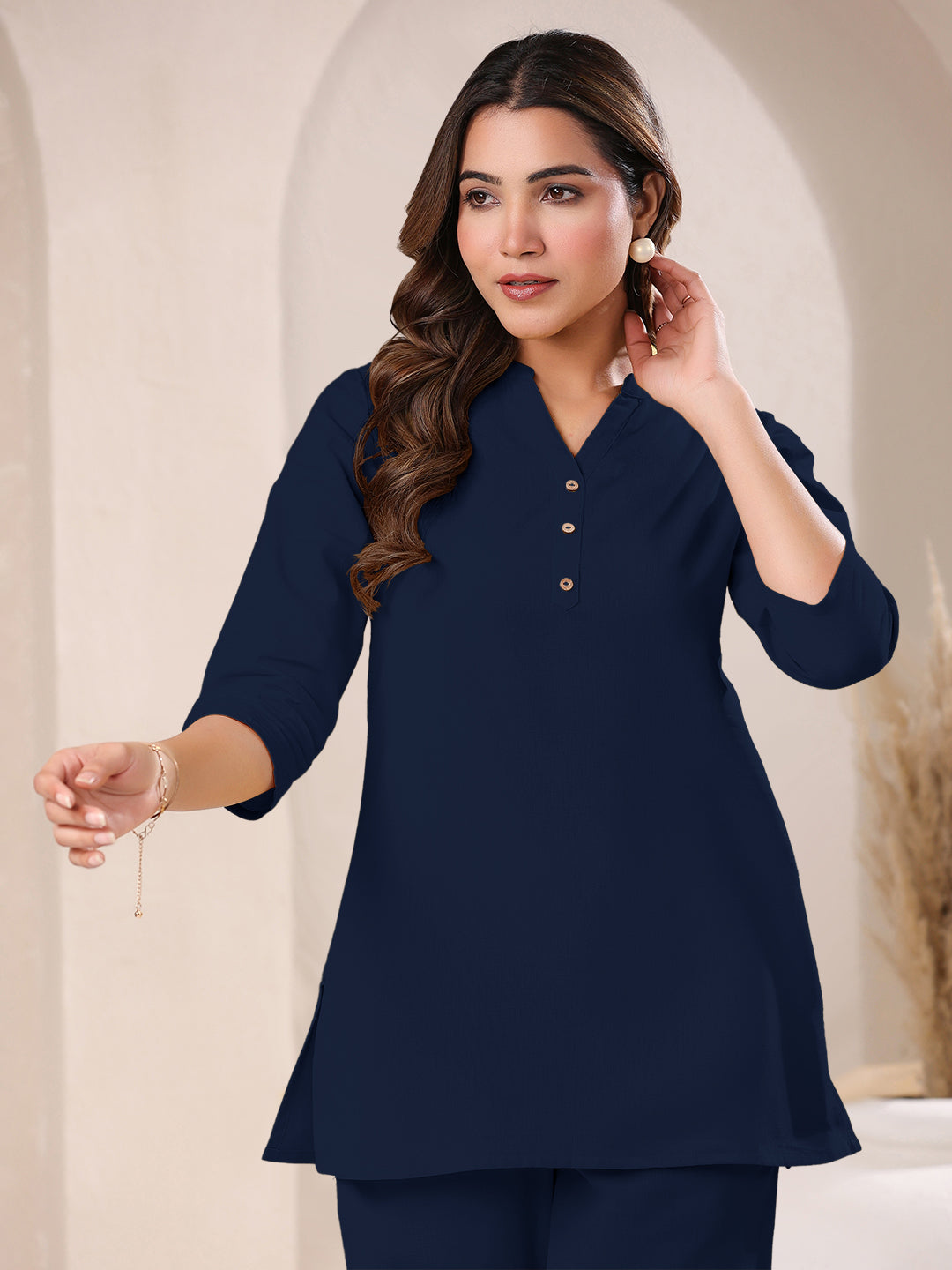 Navy Blue Cotton Solid A-line Top
