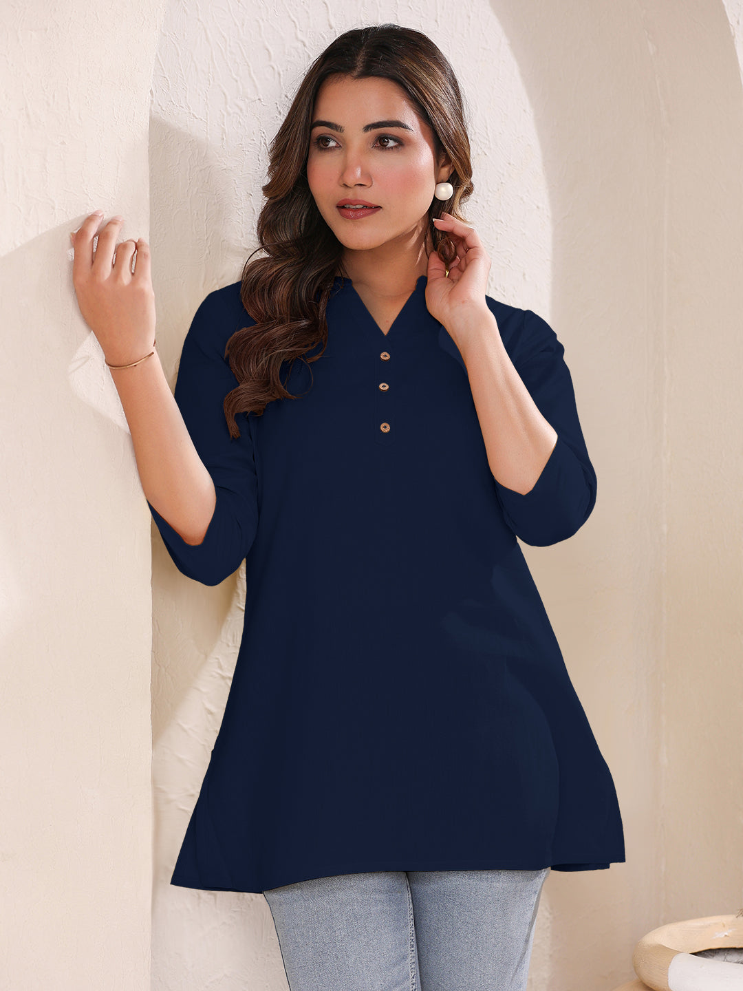 Navy Blue Cotton Solid A-line Top