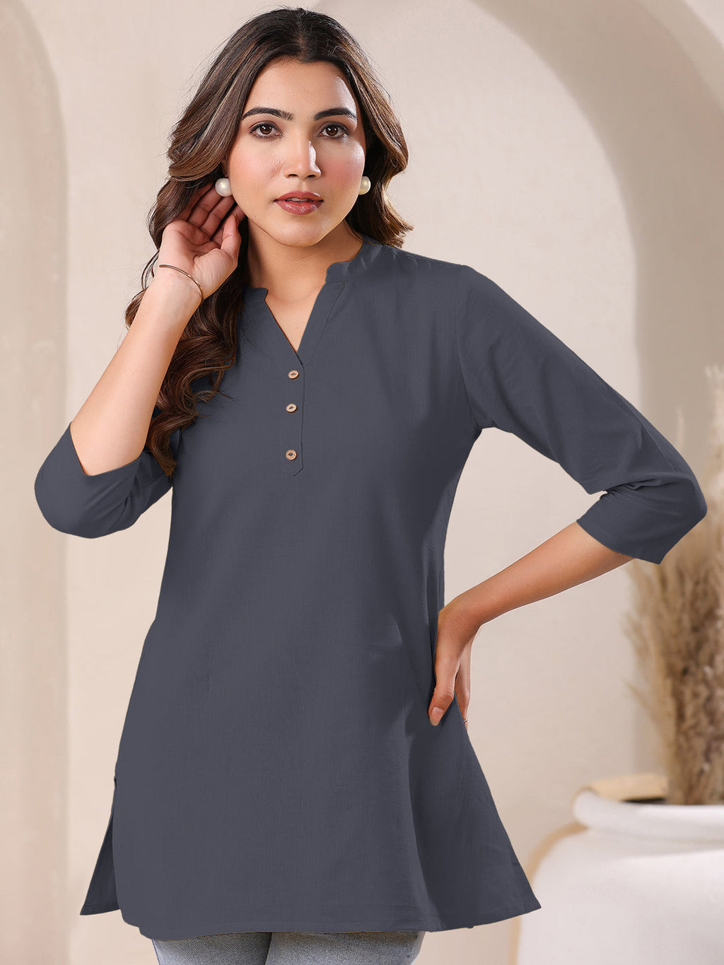 Grey Cotton Solid A-line Top