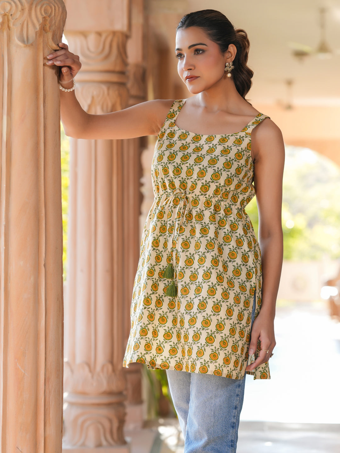 Cream Pure Cotton Floral Printed A-line Tunic
