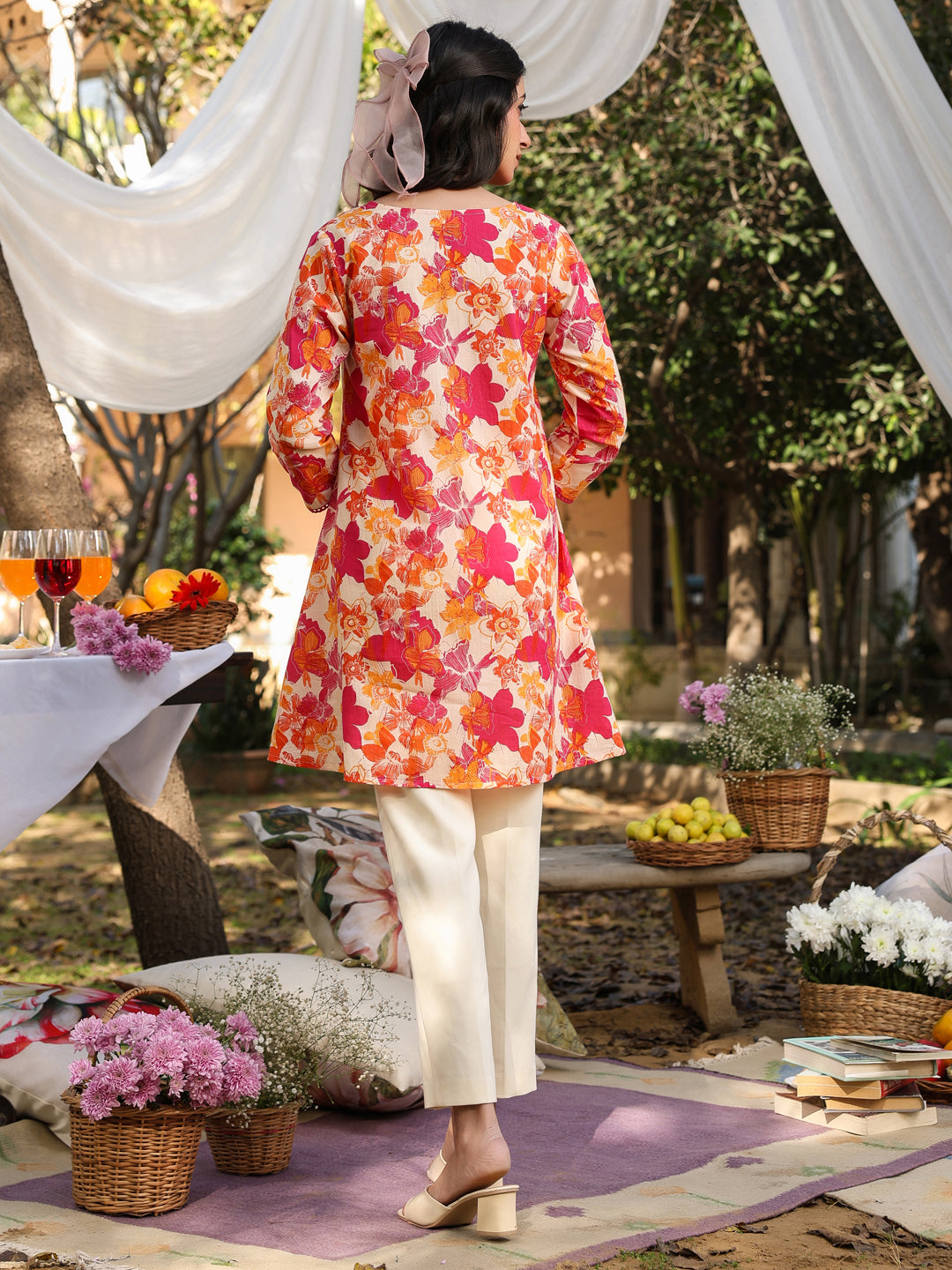 Cream Pure Cotton Floral Printed A-line Tunic