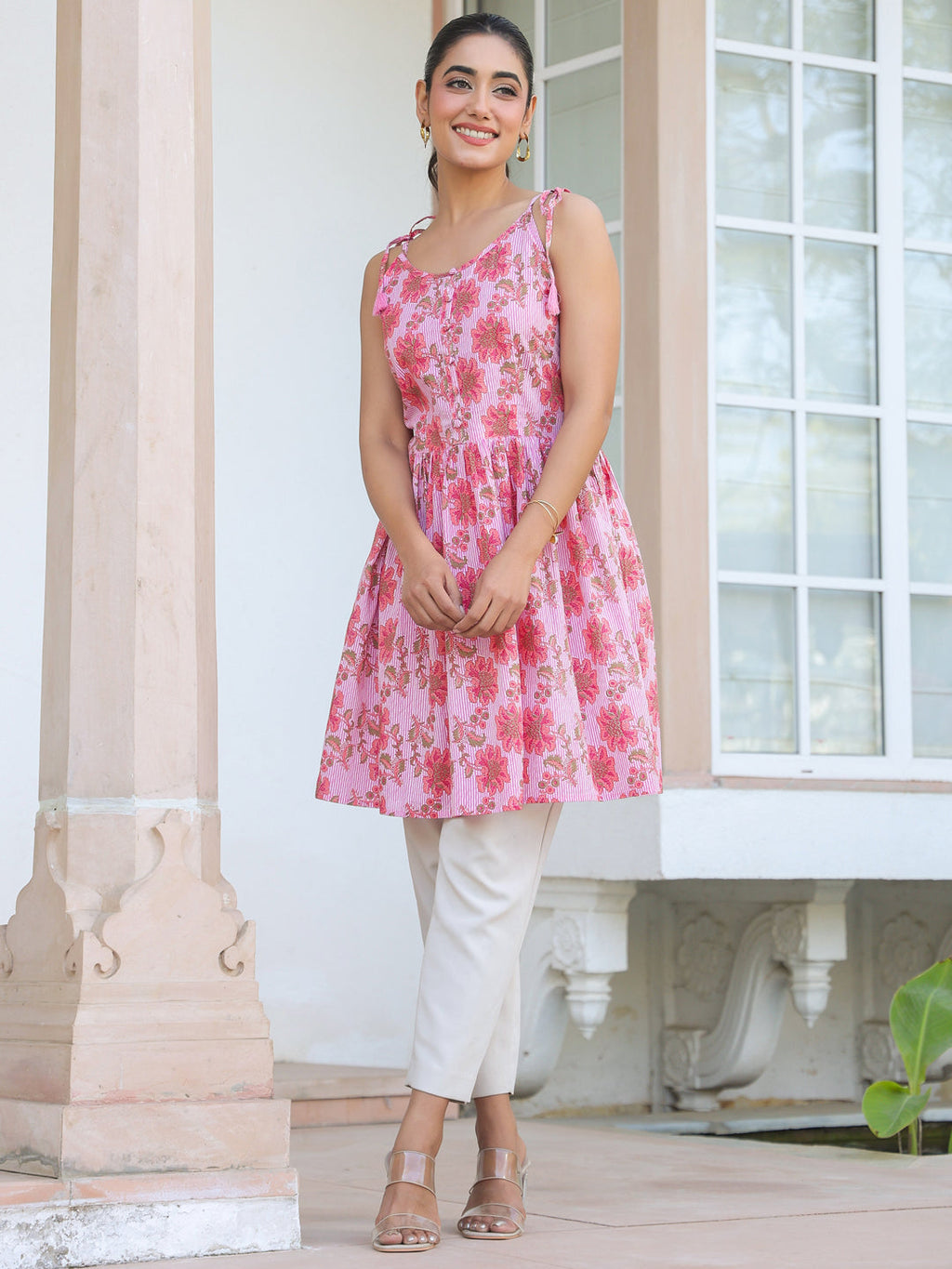 Pink Pure Cotton Floral Printed A-line Tunic
