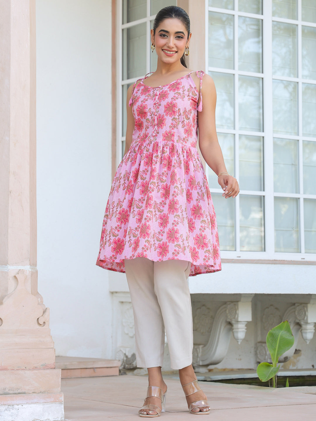 Pink Pure Cotton Floral Printed A-line Tunic