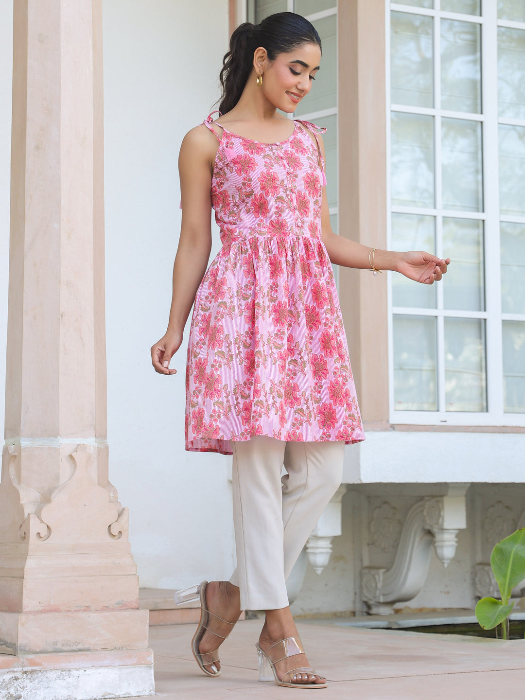 Pink Pure Cotton Floral Printed A-line Tunic