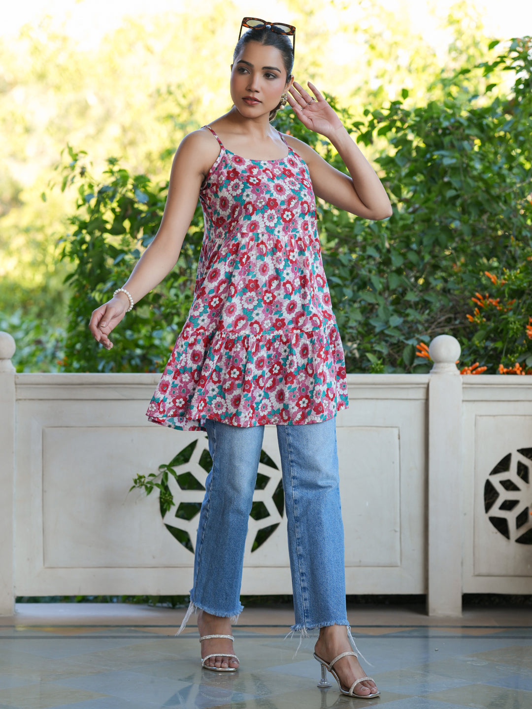 Pink Pure Cotton Floral Printed Tiered Tunic