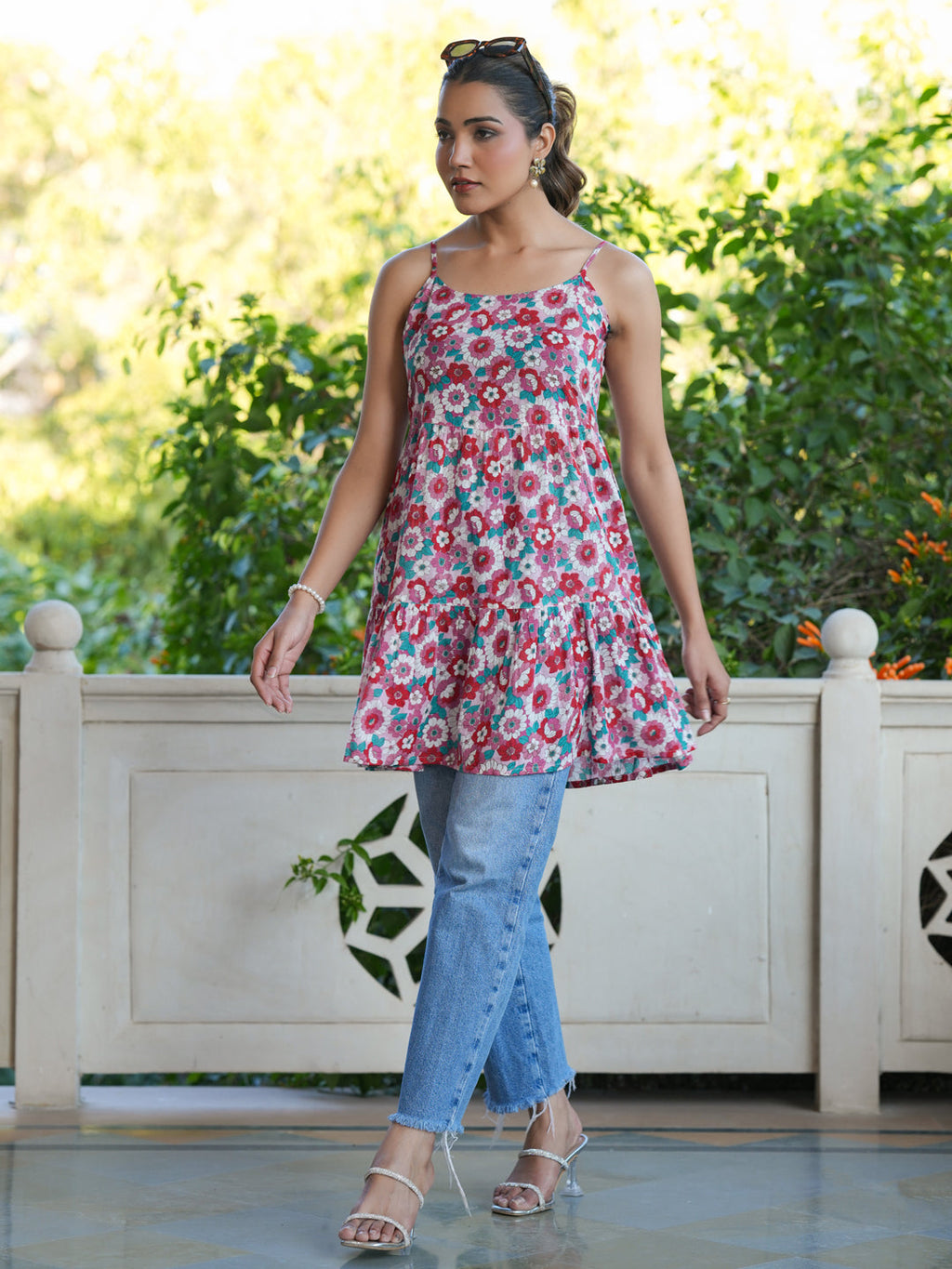 Pink Pure Cotton Floral Printed Tiered Tunic