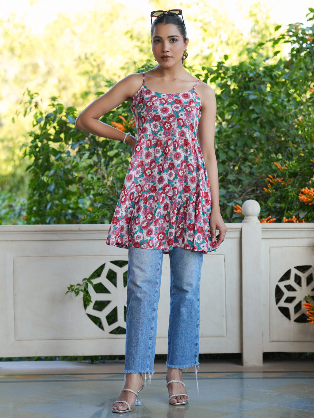 Pink Pure Cotton Floral Printed Tiered Tunic