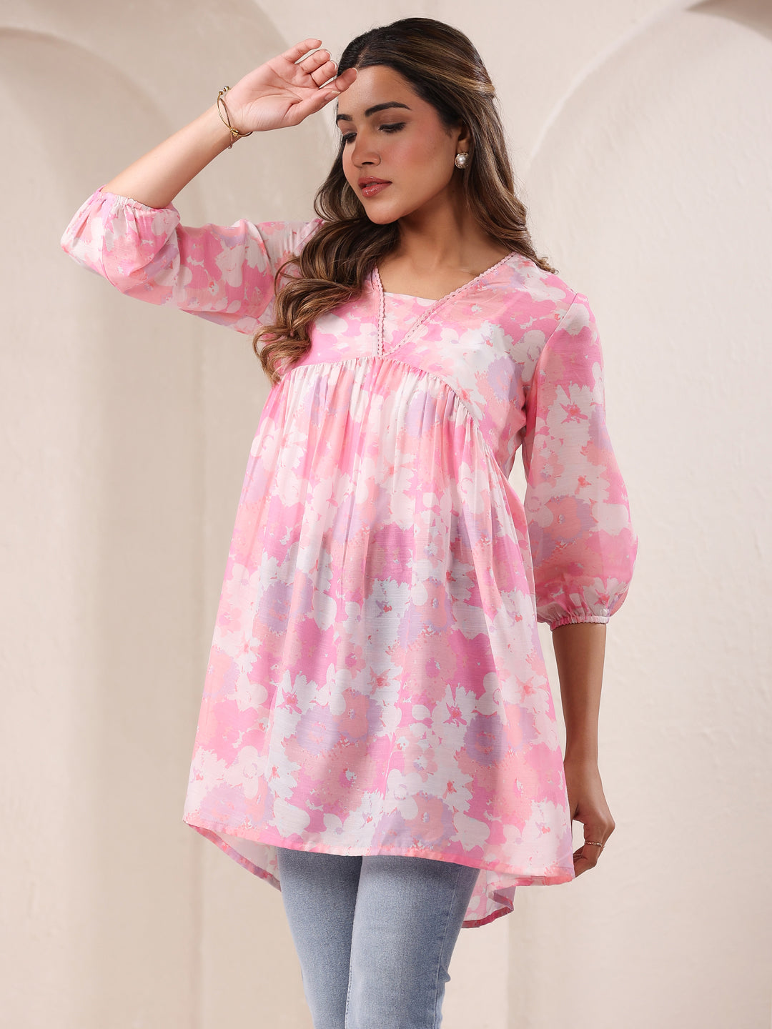 Pink Silk Blend Floral Printed A-line Tunic