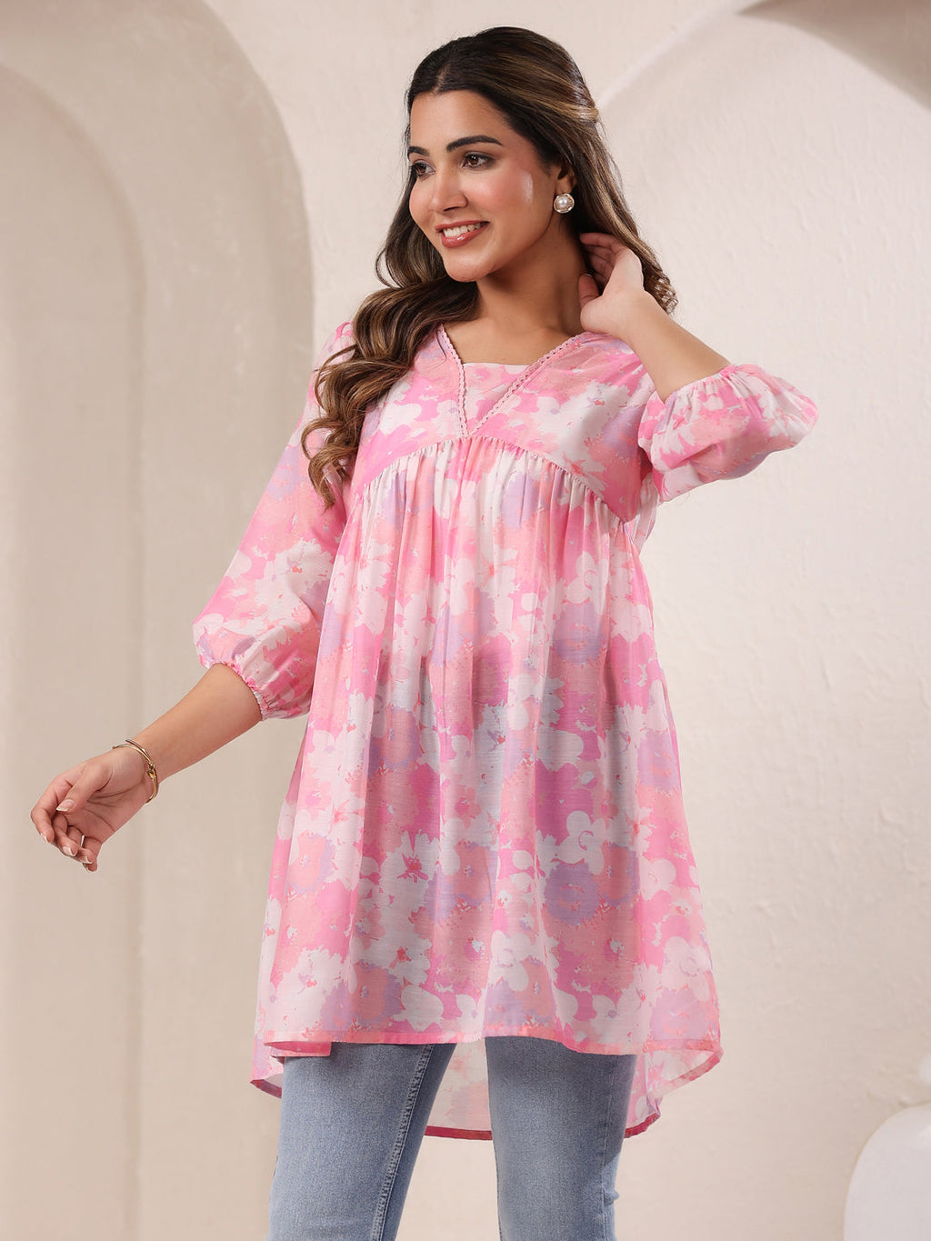 Pink Silk Blend Floral Printed A-line Tunic