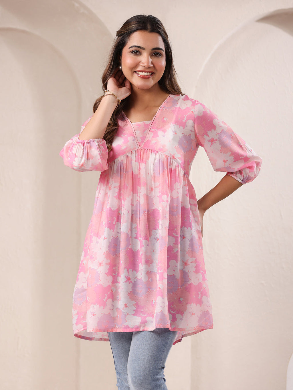 Pink Silk Blend Floral Printed A-line Tunic