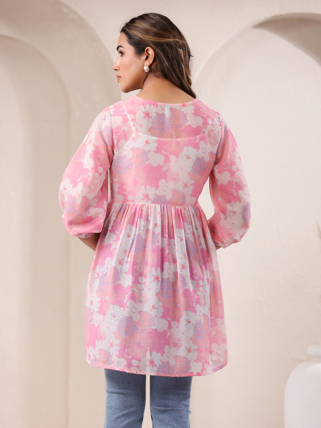 Pink Silk Blend Floral Printed A-line Tunic