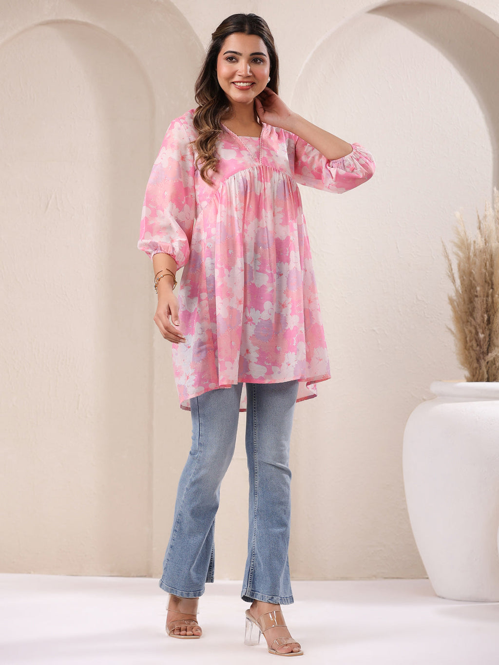 Pink Silk Blend Floral Printed A-line Tunic