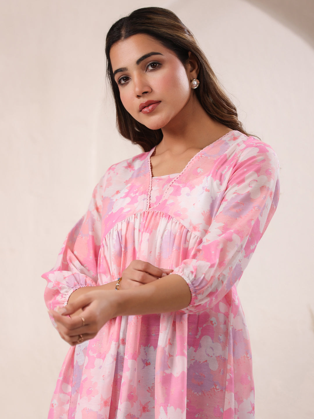 Pink Silk Blend Floral Printed A-line Tunic