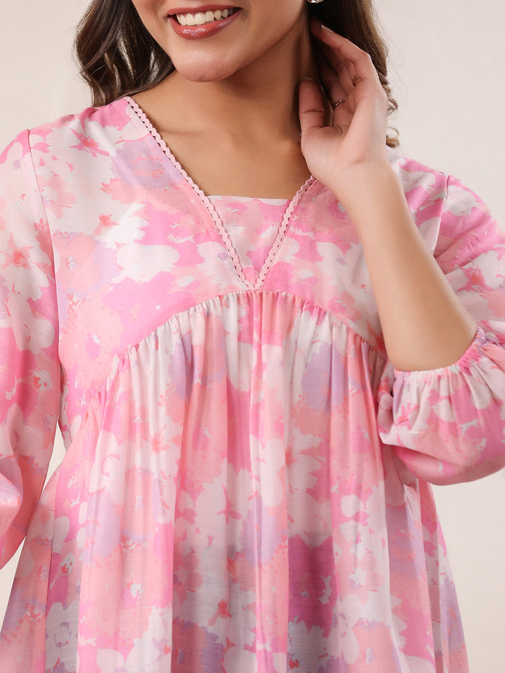 Pink Silk Blend Floral Printed A-line Tunic
