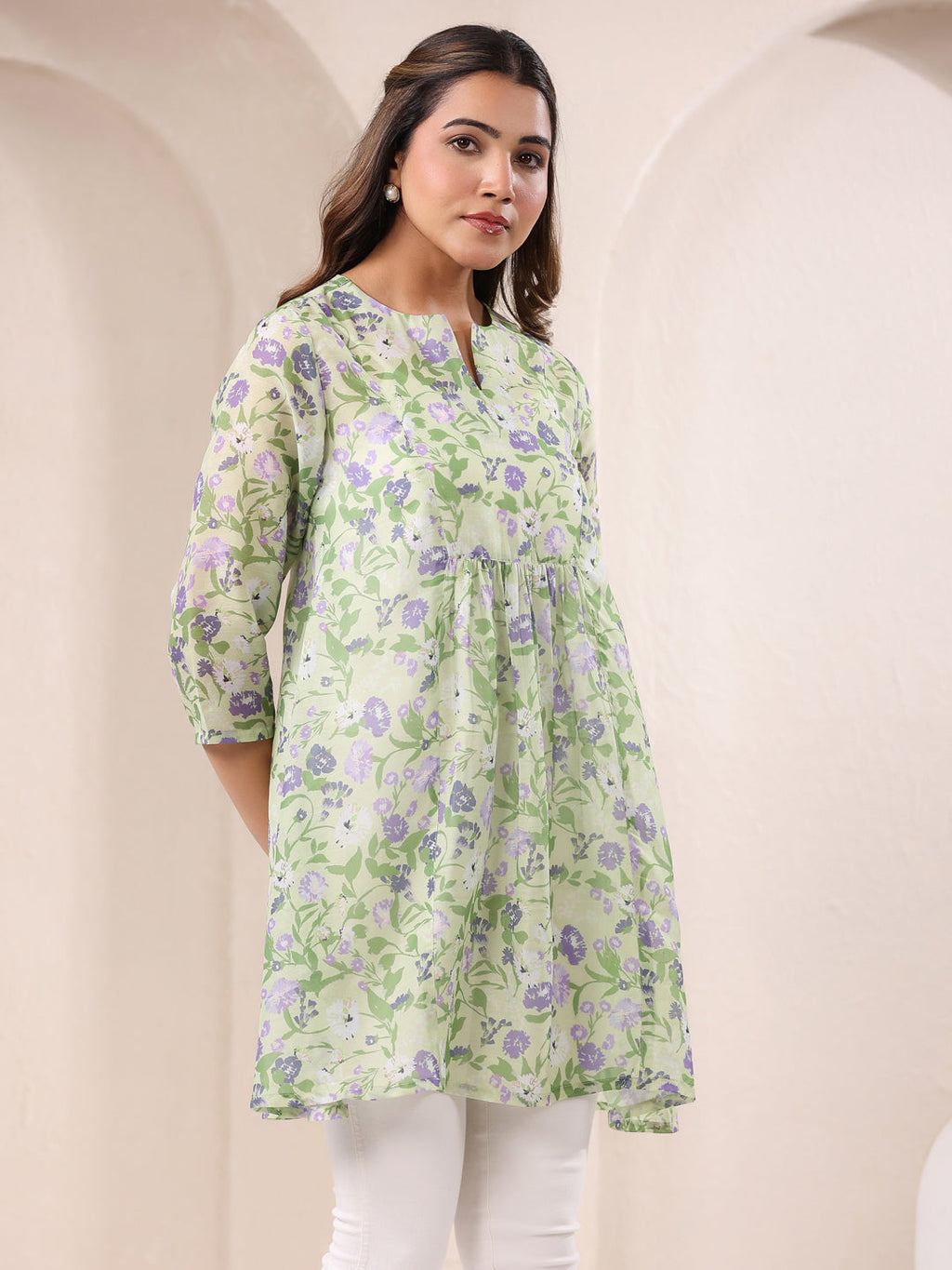 Green Pure Silk Blend Floral Printed A-Line Tunic