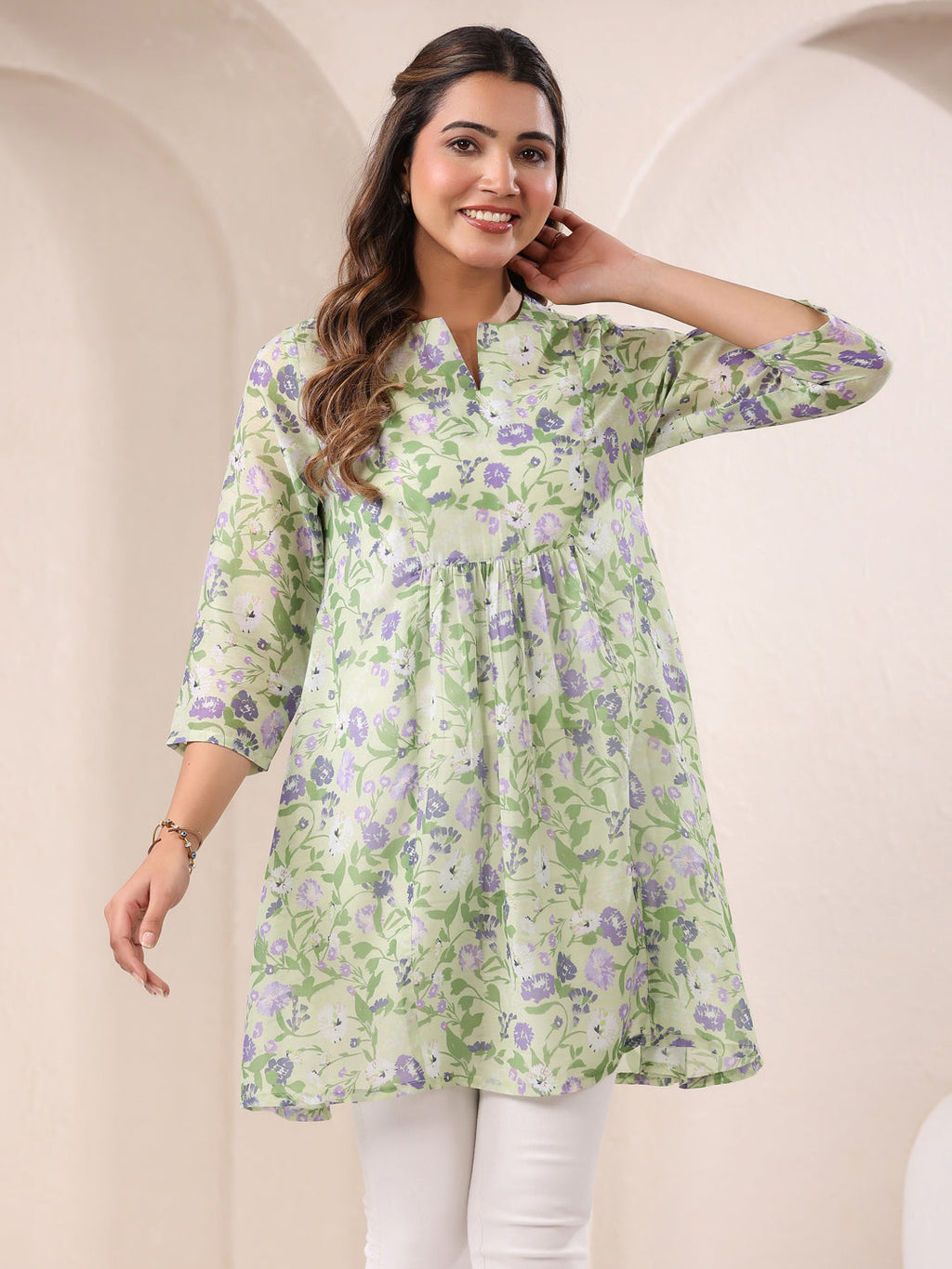 Green Pure Silk Blend Floral Printed A-Line Tunic